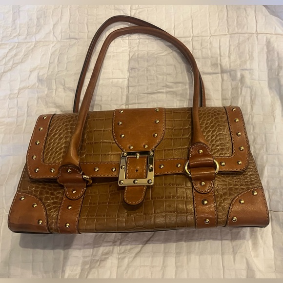 MICHAEL MICHAEL KORS Croc Embossed Brown Leather Handbag Gold Buckle Studs - Picture 1 of 13